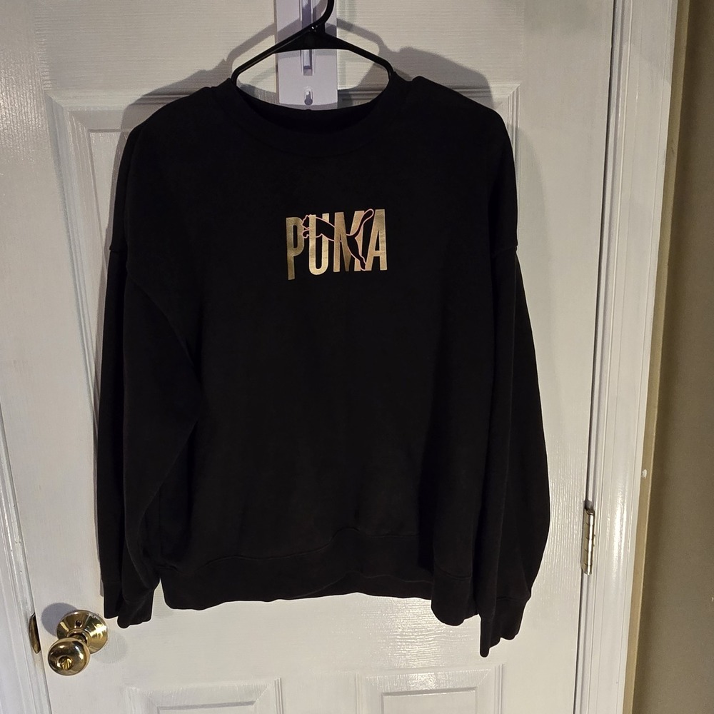 PUMA ESS Shine Crew Sweatshirt Women's Size Large Black Metallic Gold Logo